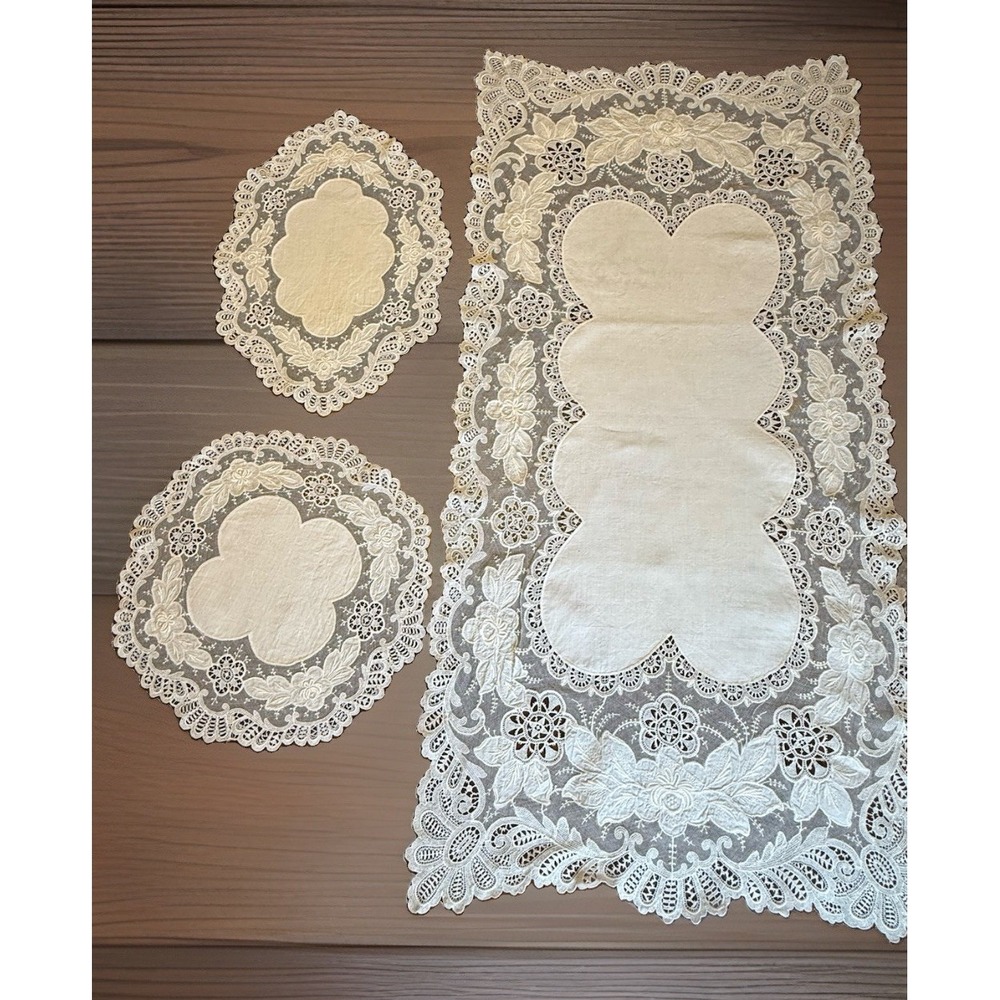 Vintage Lot 3 Organza Lace Table Runner & Doilies Cutwork Embroidery Off-White